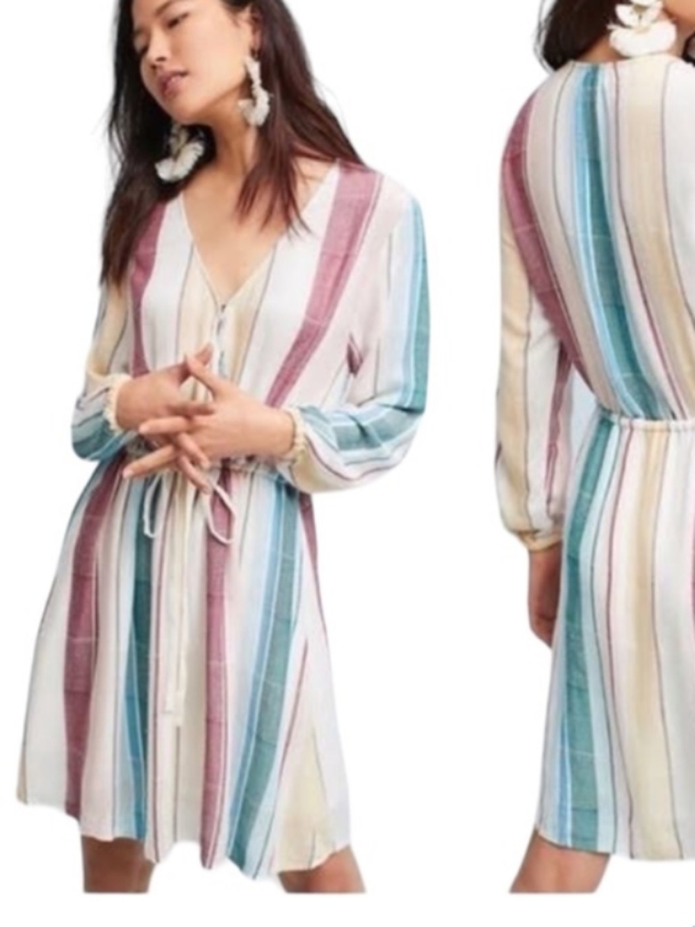 Anthropologie Rails Becca Cusco Cream Stripe Drawstring Rayon Mini Dress XS